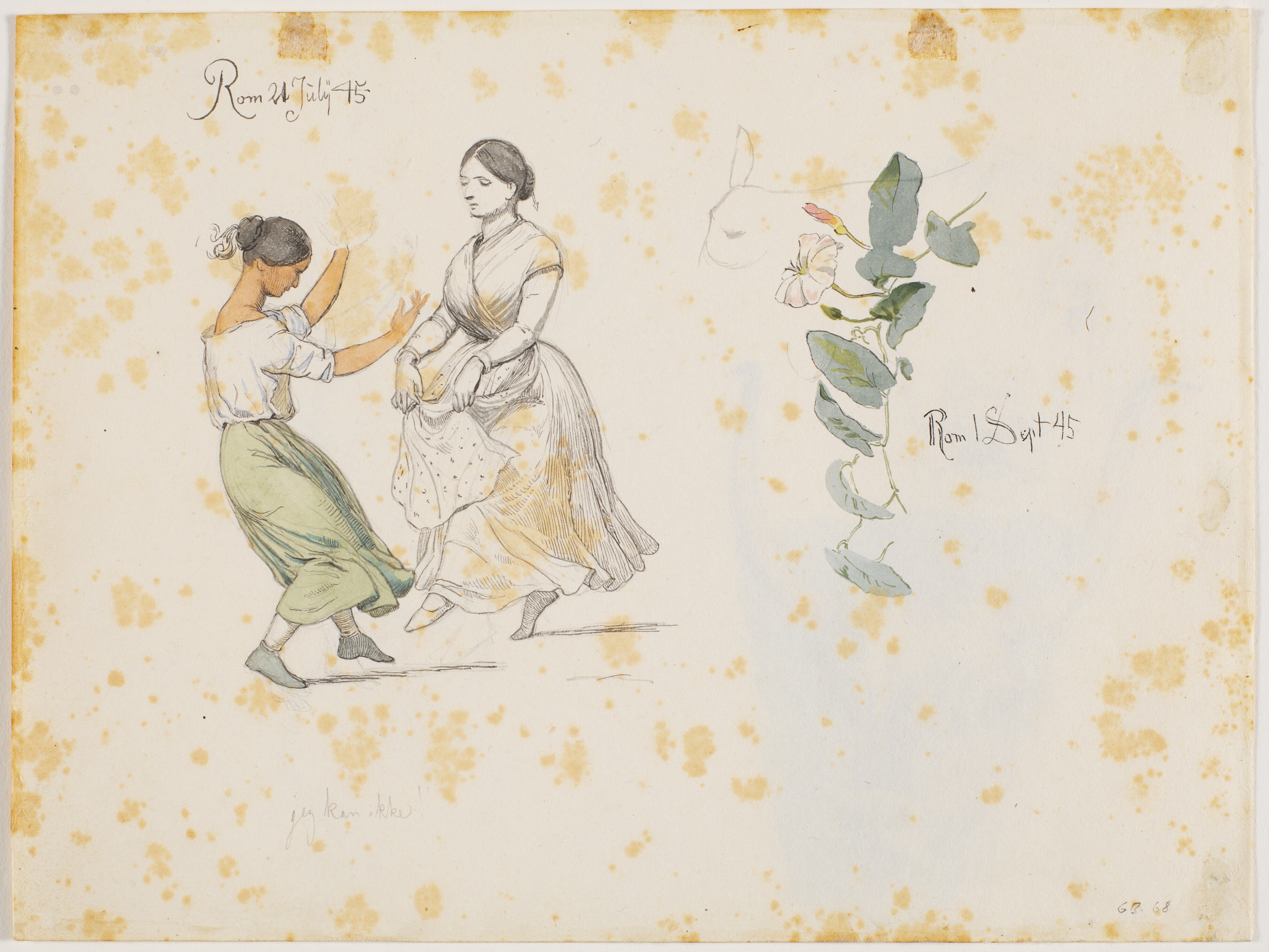 T.v. to danserinder, t.h. studie af en snerle i blomst